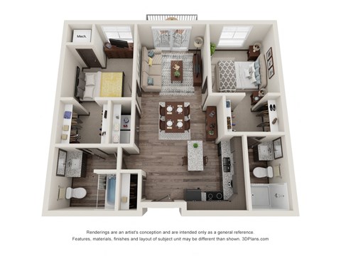 Floor plan for 2 beds, 2 baths, 932 sqft